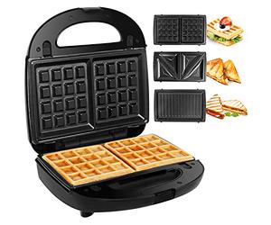 Gotoll Appareil à Croques Monsieur Gaufrier 3 en 1 Machine à Sandwich Maker Gauffre Presse Toaster Pain Plaques Remplaçables 750W - Noir