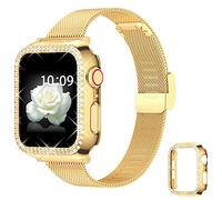 Goton Compatible avec Apple Watch Band 38 mm, 40 mm, 42 mm, 44 mm avec coque pour femmes et filles, bracelet de rechange fin en acier inoxydable pour iWatch SE et Series 6/5/4/3/2/1 (doré, 44 mm).