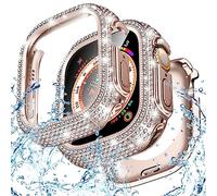 Goton Coque 2 en 1 étanche Bling pour Apple Watch Ultra Protecteur d'écran 49mm, Full Glitter Diamant Strass Bumper Face Cover pour iWatch Ultra Accessoires 49mm Original Or Rose