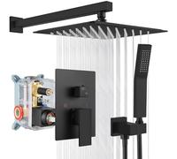 gotonovo Système de douche à effet pluie carré noir mat de 30,5 cm avec pommeau de douche à main avec valve brute à effet pluie Ensemble complet de douche murale pour salle de bain