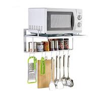 GOTOTOP Etagères Micro Ondes Four, Étagère Murale en Aluminium à Deux Niveaux, Support de Four à Micro-Ondes Suspendu avec 10 Crochets, Support Mural de Rangement Cuisine, 55 x 38,5 x 25 cm