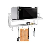 GOTOTOP Support de Four à Ondes Mural en Espace Aluminium 2 Étages Organisateur de Rangement avec 10 Crochets pour Cuisine, 55 x 38,5 x 25 cm