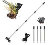 Gotrain Extracteur de mauvaises herbes avec long manche 146 cm, râteau manuel 2 en 1 et houe de jardin pour cour, pelouse, terrasse, jardin, longueur réglable 39 cm, 74 cm, 109 cm, 146 cm