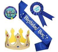 GOTRUST 4PCS Set de Couronne Anniversaire Garçon, Ceinture de Birthday Boy, Birthday Boy badge, Badge de Ruban de Récompense Birthday, Ensemble de Décorations D'anniversaire