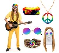 GOTRUST 5pcs Accessoires Hippie Chic Homme Années 70 60, Hippie Perruque Costume Set, Déguisement Hippie Chic pour Halloween Carnaval Fête