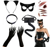 GOTRUST 6pcs Déguisement Chat Noir Adulte, Catwoman Accessoires Femme, Deguisement Cat Woman Accessoire, Chat Cosplay Set pour Jeux de Rôle Halloween et Carnaval