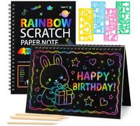GOTRUST Carte a Gratter Enfant, 2 Pack Dessin Gratter Papier Arc-en-Ciel | Feuilles à Gratter Papier Gratter Arc-En-Ciel, Avec 4 Pochoir et 5 Stylet en Bois, Cadeau Anniversaire Enfants pour Dessins