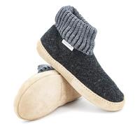 Gottstein Chaussons cabanes Dakota en laine vierge de mouton sans mulesing - Chaussons faits à la main en feutre de laine pour homme et femme - Taille EU 36-47 - Avec taille haute et semelle en cuir