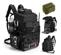 Goture Sac à dos de pêche avec 4 boîtes à appâts, sac à dos pour accessoires de pêche de 55 litres avec deux supports de canne à pêche et housse de pluie, tissu Oxford 900D imperméable avec