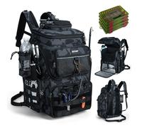 Goture Sac à dos de pêche avec 4 boîtes à appâts, sac à dos pour accessoires de pêche de 55 litres avec deux supports de canne à pêche et housse de pluie, tissu Oxford 900D imperméable avec
