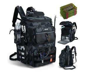 Goture Sac à dos de pêche avec 4 boîtes à appâts, sac à dos pour accessoires de pêche de 55 litres avec deux supports de canne à pêche et housse de pluie, tissu Oxford 900D imperméable avec