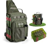 Goture Sac de pêche avec 3 boîtes à appâts, sac de pêche avec une sangle, Oxford 900D, plusieurs poches, étanche, sac de poitrine croisé pour la randonnée, le camping, les voyages, Vert armée avec