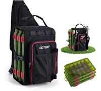 Goture Sac de pêche avec 3 boîtes à appâts, sac de pêche avec une sangle, Oxford 900D, plusieurs poches, étanche, sac de poitrine croisé pour la randonnée, le camping, les voyages, Noir avec boîte à