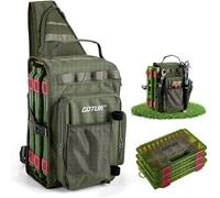 Goture Sac de pêche avec 3 boîtes à appâts, sac de pêche avec une sangle, Oxford 900D, plusieurs poches, étanche, sac de poitrine croisé pour la randonnée, le camping, les voyages, Boîte à appâts vert