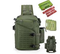 Goture Sling Tackle Bag - Sac à dos de pêche avec support pour canne à pêche - Système MOLLE - Espace de rangement pour leurres et accessoires, Vert armée avec 3 boîtes à appâts, Sac à bandoulière