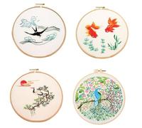 Goufride Ensemble de Broderie en Kit DIY 4 Ensembles pour Débutants Adultes, L'Ensemble de Broderie à la Main Comprend Un Oiseau, Un Tambour, des Fils de Couleur et des Outils.