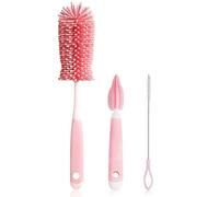 Goupillon Biberon Silicone 3 en 1, Brosse Biberon Bébé, Tétine et Paille, sans BPA, Durable et sans Rayures, pour Toutes Les Tailles de Biberons, Convient pour Verre/PPSU/PP/Silicone, (Rose)
