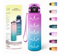 Gourde, 1000ML Avec de la Paille, Gourdes Sport, Sans BPA, Gourde Paille, Bouteille d'eau de Motivation avec Marqueur de Temps, Bouteille Paille Adulte pour Salle de Sport, Camping - Rose&Cyan