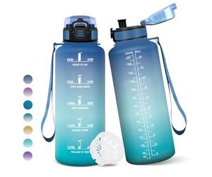 Gourde, 1500ML Sans BPA, Gourde sport, Avec Horodatage, Bouteille, Conception de Verrouillage Anti-Fuite, Bouteille Plastique pour bureau, En cours d'exécution, Escalader Des Montagnes - Bleu&vert