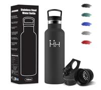 Gourde, 500 ml Sans BPA, Gourde Isotherme, 18/8 Acier Inoxydable, Bouteille d'eau, Bouteille Avec Paille et 2 Couvercles, Bouteille Isotherme pour École, Yoga, Escalade En Montagne - Noir