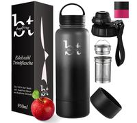 Gourde avec récipient à fruits, bouteille de sport 1 l (950 ml), bouteille isotherme en acier inoxydable, bouteille isotherme pour café/thé, thermos avec gobelet, infuseur pour thé en vrac (noir/gris)