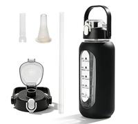 Gourde en verre 1800 ml, bouteille d'eau en verre, bouteille d'eau en verre, bouteille d'eau avec poignée, marqueurs de temps et paille, gourde avec étui de protection en silicone pour le sport