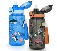 Gourde Enfant avec Détachable Paille 600ml Anti Fuite-Requin & Pelleteuse | Peut être Consommé Directement, Poignée de Transport, Verrouillage Sécurisé, lave-vaisselle, Sans Bpa pour l'école Sport