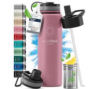 Gourde Inox Isotherme ACTIVE FLASK 1l/500ml sans BPA + Paille (3 Bouchons) | Bouteille d’eau Acier Inoxydable Isolée, Thermos Réutilisable | Camping Velo Sport Running Randonnée Enfant, Café The