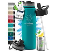 Gourde Inox Isotherme ACTIVE FLASK 1l/500ml sans BPA + Paille (3 Bouchons) | Bouteille d’eau Acier Inoxydable Isolée, Thermos Réutilisable | Camping Velo Sport Running Randonnée Enfant, Café The