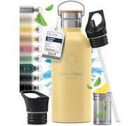 Gourde Inox Isotherme ACTIVE FLASK 1l/500ml sans BPA + Paille (3 Bouchons) | Bouteille d’eau Acier Inoxydable Isolée, Thermos Réutilisable | Camping Velo Sport Running Randonnée Enfant, Café The