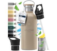 Gourde Inox Isotherme ACTIVE FLASK 1l/500ml sans BPA + Paille (3 Bouchons) | Bouteille d’eau Acier Inoxydable Isolée, Thermos Réutilisable | Camping Velo Sport Running Randonnée Enfant, Café The