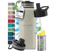 Gourde Inox Isotherme ACTIVE FLASK 1l/500ml sans BPA + Paille (3 Bouchons) | Bouteille d’eau Acier Inoxydable Isolée, Thermos Réutilisable | Camping Velo Sport Running Randonnée Enfant, Café The