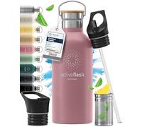 Gourde Inox Isotherme ACTIVE FLASK 1l/500ml sans BPA + Paille (3 Bouchons) | Bouteille d’eau Acier Inoxydable Isolée, Thermos Réutilisable | Camping Velo Sport Running Randonnée Enfant, Café The