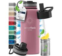 Gourde Inox Isotherme ACTIVE FLASK 1l/500ml sans BPA + Paille (3 Bouchons) | Bouteille d’eau Acier Inoxydable Isolée, Thermos Réutilisable | Camping Velo Sport Running Randonnée Enfant, Café The