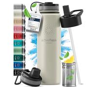 Gourde Inox Isotherme ACTIVE FLASK 1l/500ml sans BPA + Paille (3 Bouchons) | Bouteille d’eau Acier Inoxydable Isolée, Thermos Réutilisable | Camping Velo Sport Running Randonnée Enfant, Café The