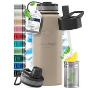 Gourde Inox Isotherme ACTIVE FLASK 1l/500ml sans BPA + Paille (3 Bouchons) | Bouteille d’eau Acier Inoxydable Isolée, Thermos Réutilisable | Camping Velo Sport Running Randonnée Enfant, Café The