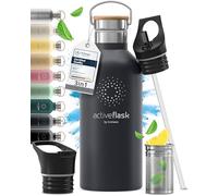 Gourde Inox Isotherme ACTIVE FLASK 1l/500ml sans BPA + Paille (3 Bouchons) | Bouteille d’eau Acier Inoxydable Isolée, Thermos Réutilisable | Camping Velo Sport Running Randonnée Enfant, Café The