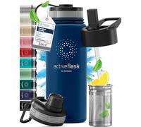 Gourde Inox Isotherme ACTIVE FLASK 1l/500ml sans BPA + Paille (3 Bouchons) | Bouteille d’eau Acier Inoxydable Isolée, Thermos Réutilisable | Camping Velo Sport Running Randonnée Enfant, Café The