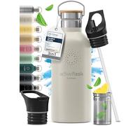 Gourde Inox Isotherme ACTIVE FLASK 1l/500ml sans BPA + Paille (3 Bouchons) | Bouteille d’eau Acier Inoxydable Isolée, Thermos Réutilisable | Camping Velo Sport Running Randonnée Enfant, Café The