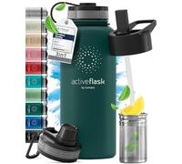 Gourde Inox Isotherme ACTIVE FLASK 1l/500ml sans BPA + Paille (3 Bouchons) | Bouteille d’eau Acier Inoxydable Isolée, Thermos Réutilisable | Camping Velo Sport Running Randonnée Enfant, Café The