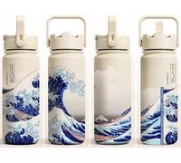 Gourde Isotherme 500ml Hokusai La Grande Vague de Kanagawa - Bouteille Thermos Inox Réutilisable avec Paille et Poignée | Gourde Femme/Homme pour Boissons Chaudes et Froides - Design Art Japonais