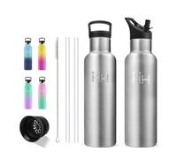Gourde Isotherme 750ml, Double Vide, Gourde Sport, Pour Camping et Voyage | Bouteille Isotherme Réutilisable, Anti Fuite, Facile à Transporter Pour Randonnée, Avec 6 Pailles et 1 Brosse à Pailles