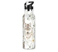 Gourde isotherme à double paroi sous vide avec pailles - Motif loups esthétiques - Anti-fuite - Pour les voyages et le sport