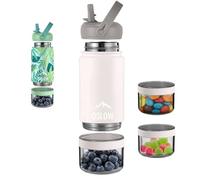 Gourde Isotherme avec Compartiment (300+115mL) - Bouteille d’Eau en Acier Inoxydable avec Paille & Anse - Idéal Pour le Sport - Boissons Chaudes & Froides - Sans BPA - gourde enfant - Thermos - Beige
