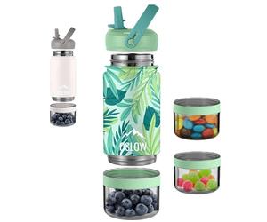 Gourde Isotherme avec Compartiment (300+115mL) - Bouteille d’Eau en Acier Inoxydable avec Paille & Anse - Idéal Pour le Sport - Boissons Chaudes & Froides - Sans BPA - gourde enfant - Thermos - Tropic
