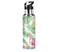 Gourde isotherme en acier inoxydable avec couvercle à paille, motif flamants roses tropicaux, 600 ml