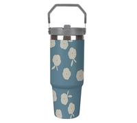 Gourde isotherme en acier inoxydable, petite taille, motif floral imprimé en 3D blanc et bleu, étanche et dotée d'une paille et d'une goupillon de nettoyage. Idéale pour les boissons chaudes et froide