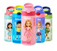 Gourde Isotherme Enfant Personnalisable avec Prénom, Bouteille d'Eau Étanche Sans BPA en Acier Inoxydable avec Paille, Gourde Thermique Enfant pour École Maternelle Primaire, Sport et Activités, 350ml