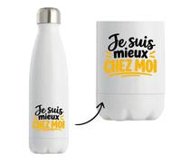 Gourde Isotherme Je suis mieux chez moi Expressions Françaises | Bouteille Inox Double Paroi 500 ml Froid 24 h Chaud 12 h | Sport Bureau Randonnée Vélo | Idée Cadeau Noël Départ