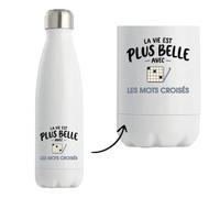 Gourde Isotherme La vie est plus belle avec les mots croisés | modèle 2 | Bouteille Inox Double Paroi 500 ml Froid 24 h Chaud 12 h | Sport Bureau Randonnée Vélo | Idée Cadeau Noël Départ